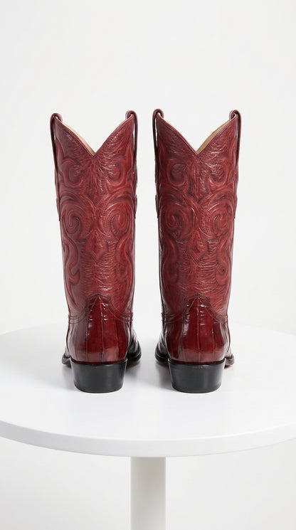 Men’s Burgundy Eel Skin Western Boots, Original Puntal Toe Cowboy Dress Boots