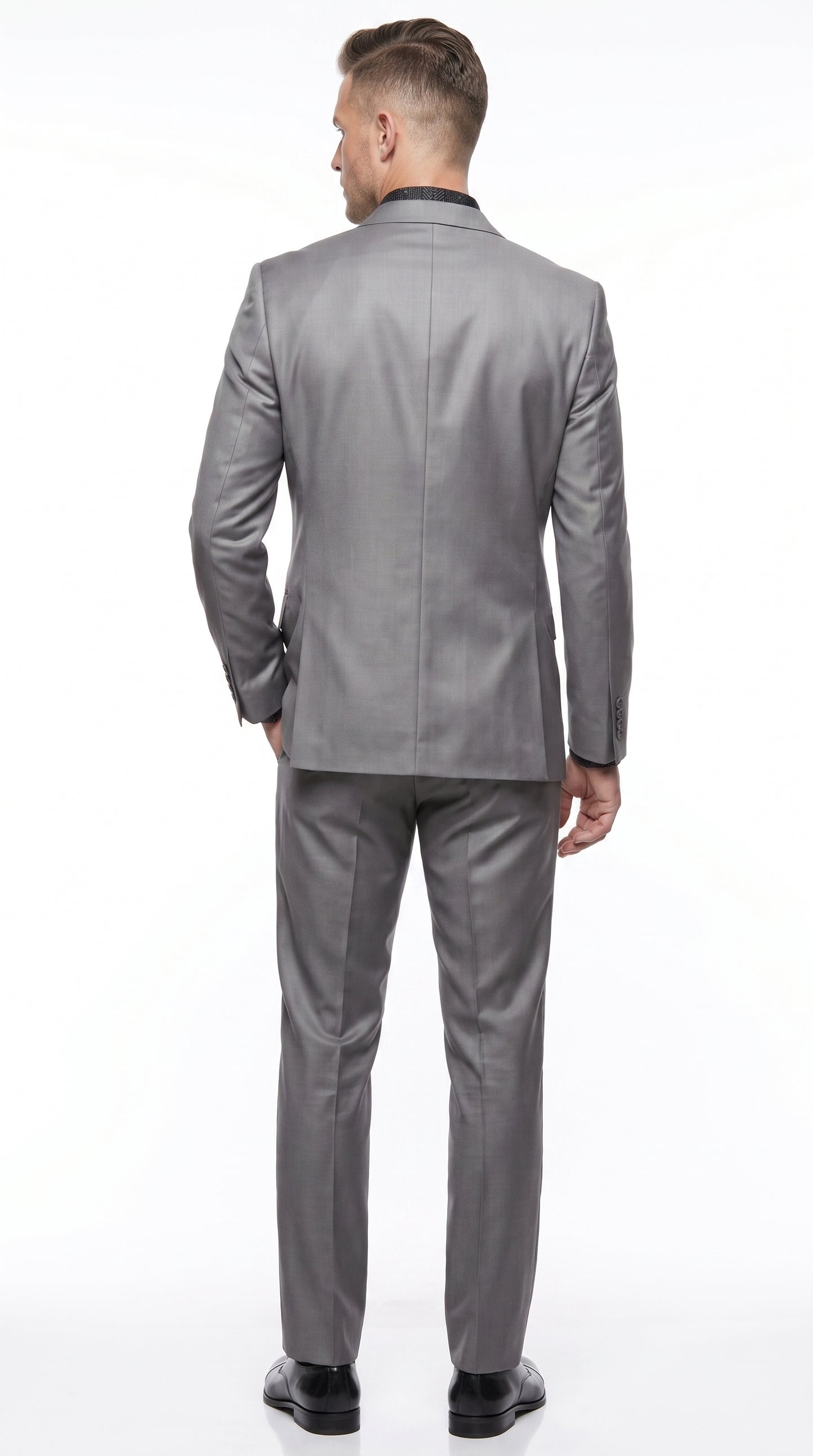 Men’s Silver Gray Shiny Sharkskin 2 Button Suit, Formal Wedding Business Dress Suit