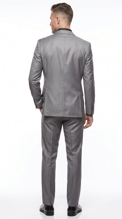 Men’s Silver Gray Shiny Sharkskin 2 Button Suit, Formal Wedding Business Dress Suit