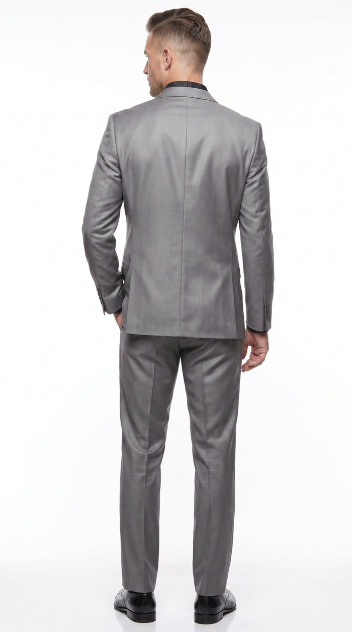Men’s Silver Gray Shiny Sharkskin 2 Button Suit, Formal Wedding Business Dress Suit