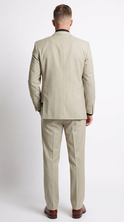 Men’s Tan Beige Pinstripe 3 Piece Vested Suit, 2 Button Formal Wedding Business Dress Suit