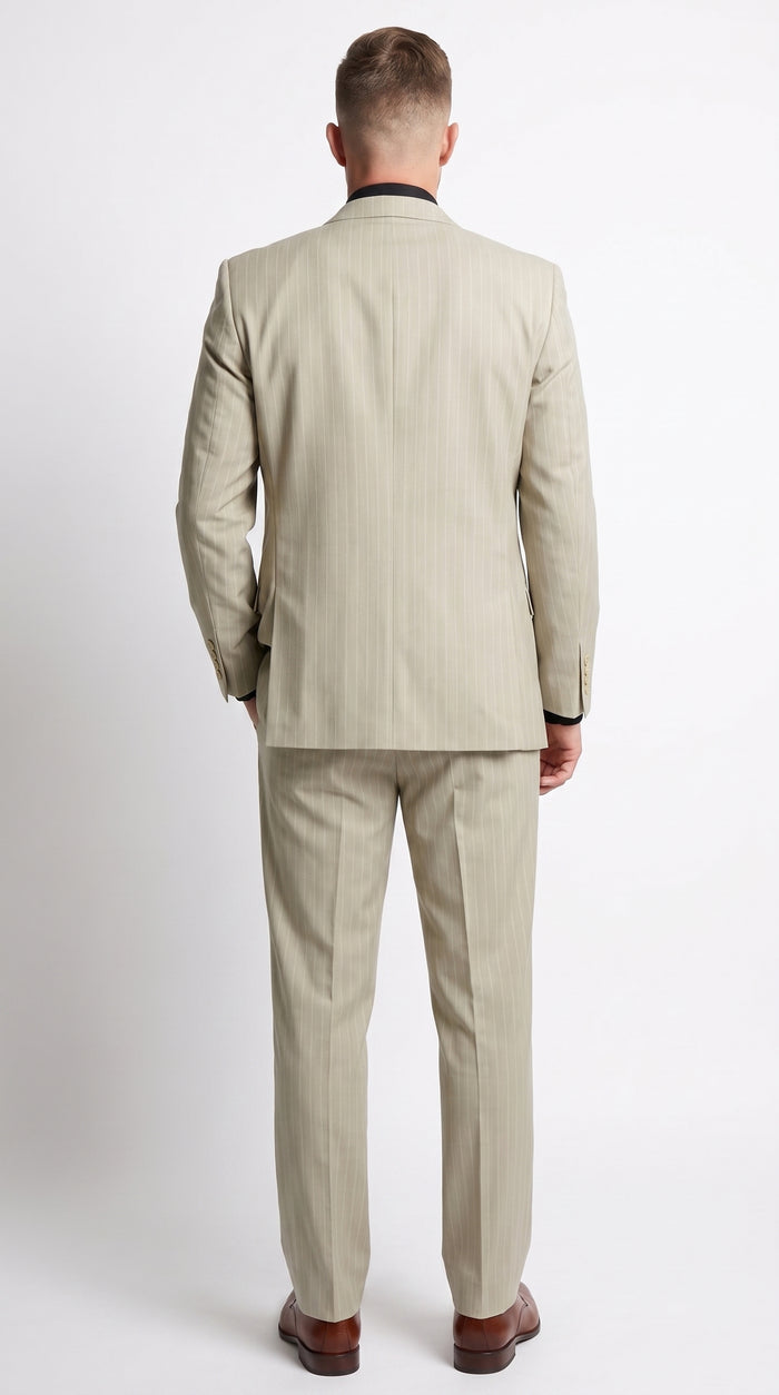 Men’s Tan Beige Pinstripe 3 Piece Vested Suit, 2 Button Formal Wedding Business Dress Suit