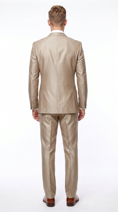 Men’s Tan Shiny Sharkskin 2 Button Suit, Peak Lapel Formal Wedding Business Dress Suit Modern Fit