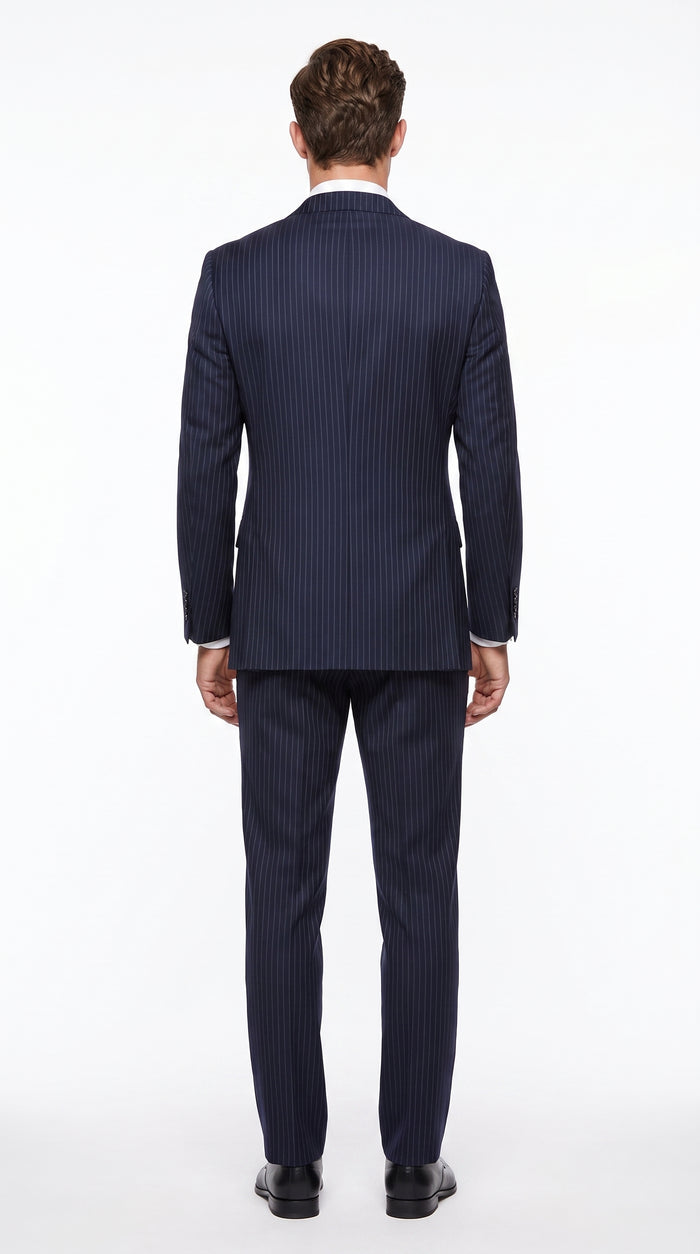 Men’s Dark Navy Pinstripe 2 Button Suit, Side Vent Back Formal Business Dress Suit