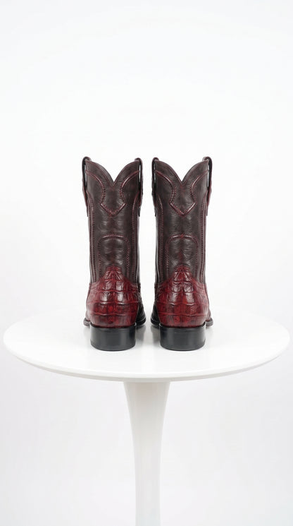Los Altos Men’s Cherry Black Genuine Caiman Belly Roper Toe Boots, Exotic Western Dress Boots
