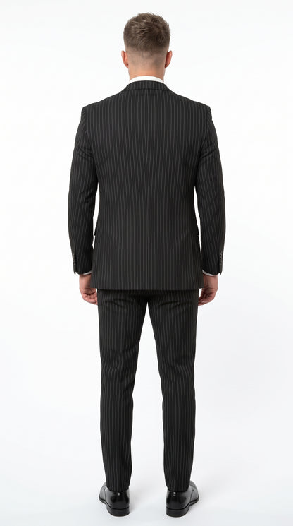 Men’s Black Gangster Pinstripe 3-Piece Suit – 2 Button Jacket with Double-Breasted Vest, Modern Fit