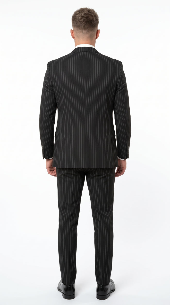 Men’s Black Gangster Pinstripe 3-Piece Suit – 2 Button Jacket with Double-Breasted Vest, Modern Fit