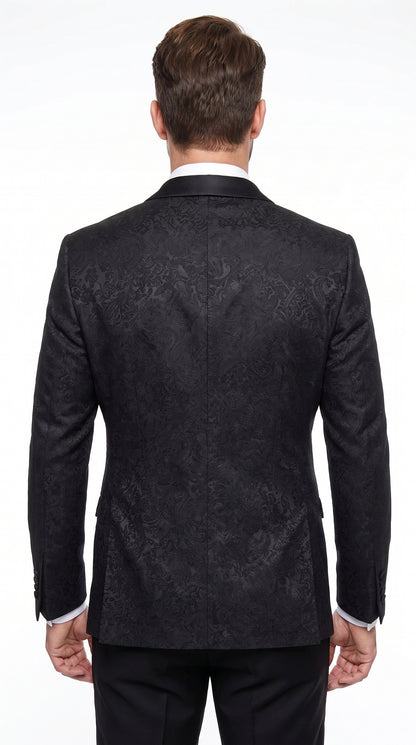 Men’s Black Fancy Pattern Sport Coat – One Button Formal Dinner Jacket with Shawl Lapel