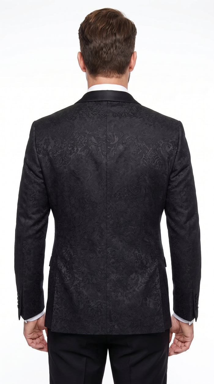 Men’s Black Fancy Pattern Sport Coat – One Button Formal Dinner Jacket with Shawl Lapel
