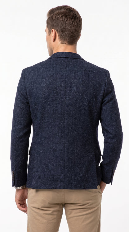 Men’s Navy Herringbone Tweed Blazer – Classic Two Button Sport Coat for Weddings, Business & Smart Casual Wear