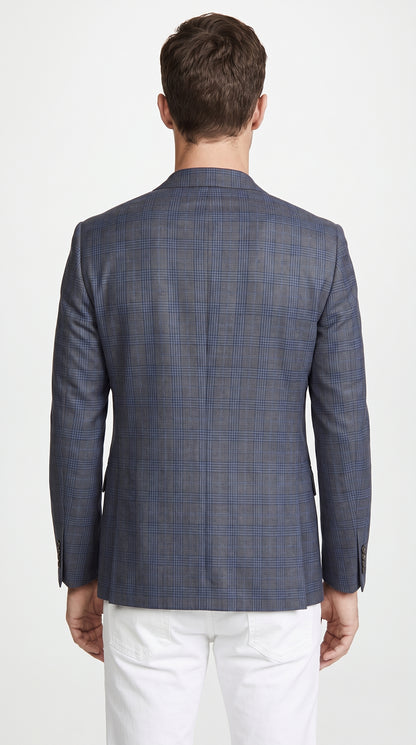 Men’s Charcoal Grey & Blue Plaid Blazer – Windowpane Pattern Sport Coat for Business, Wedding & Formal Wear