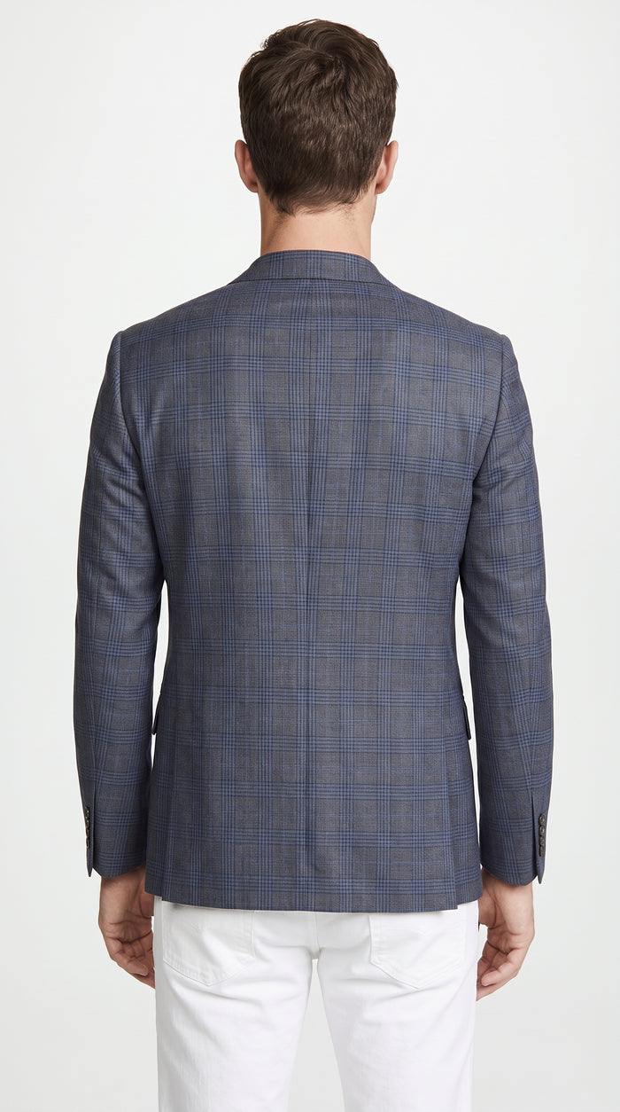 Men’s Charcoal Grey & Blue Plaid Blazer – Windowpane Pattern Sport Coat for Business, Wedding & Formal Wear