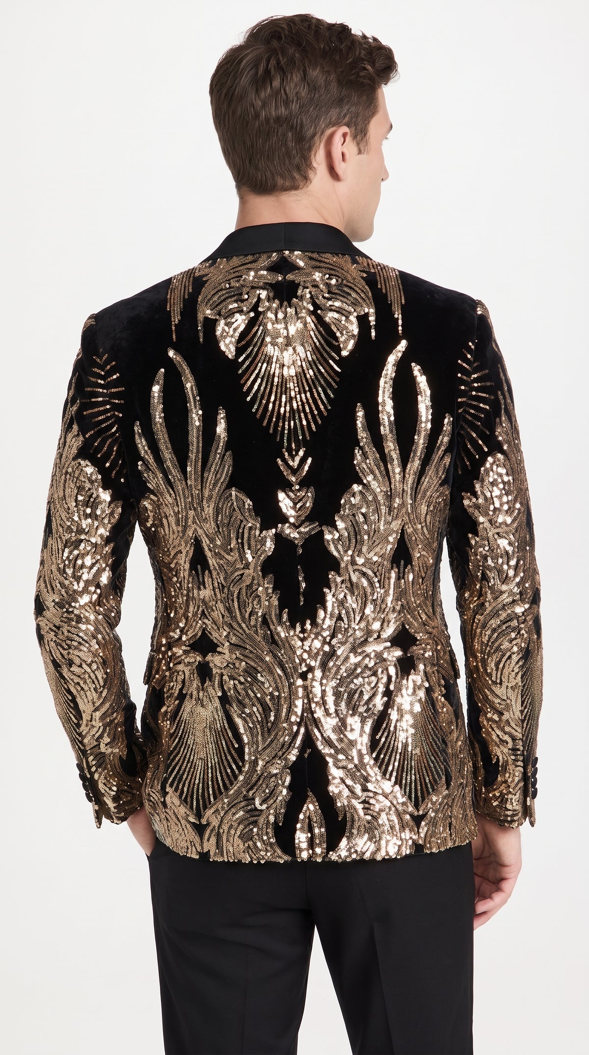 Men’s Black & Gold Peacock Sequin Tuxedo Jacket – Luxury Prom, Wedding & Party Blazer with Black Shawl Lapel