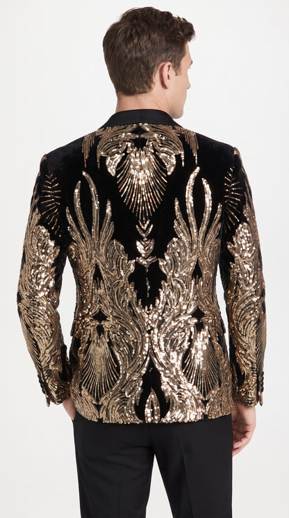 Men’s Black & Gold Peacock Sequin Tuxedo Jacket – Luxury Prom, Wedding & Party Blazer with Black Shawl Lapel