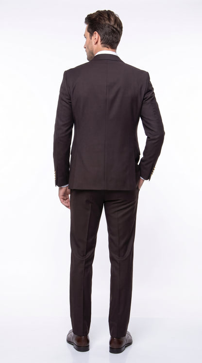 Rossi Man Max Chocolate Brown 3-Piece Suit – Men’s Formal Suit with Double-Breasted Vest & Gold Buttons