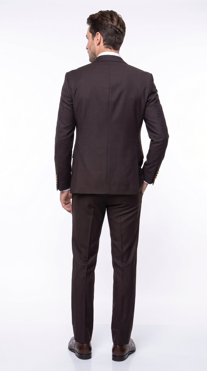 Rossi Man Max Chocolate Brown 3-Piece Suit – Men’s Formal Suit with Double-Breasted Vest & Gold Buttons