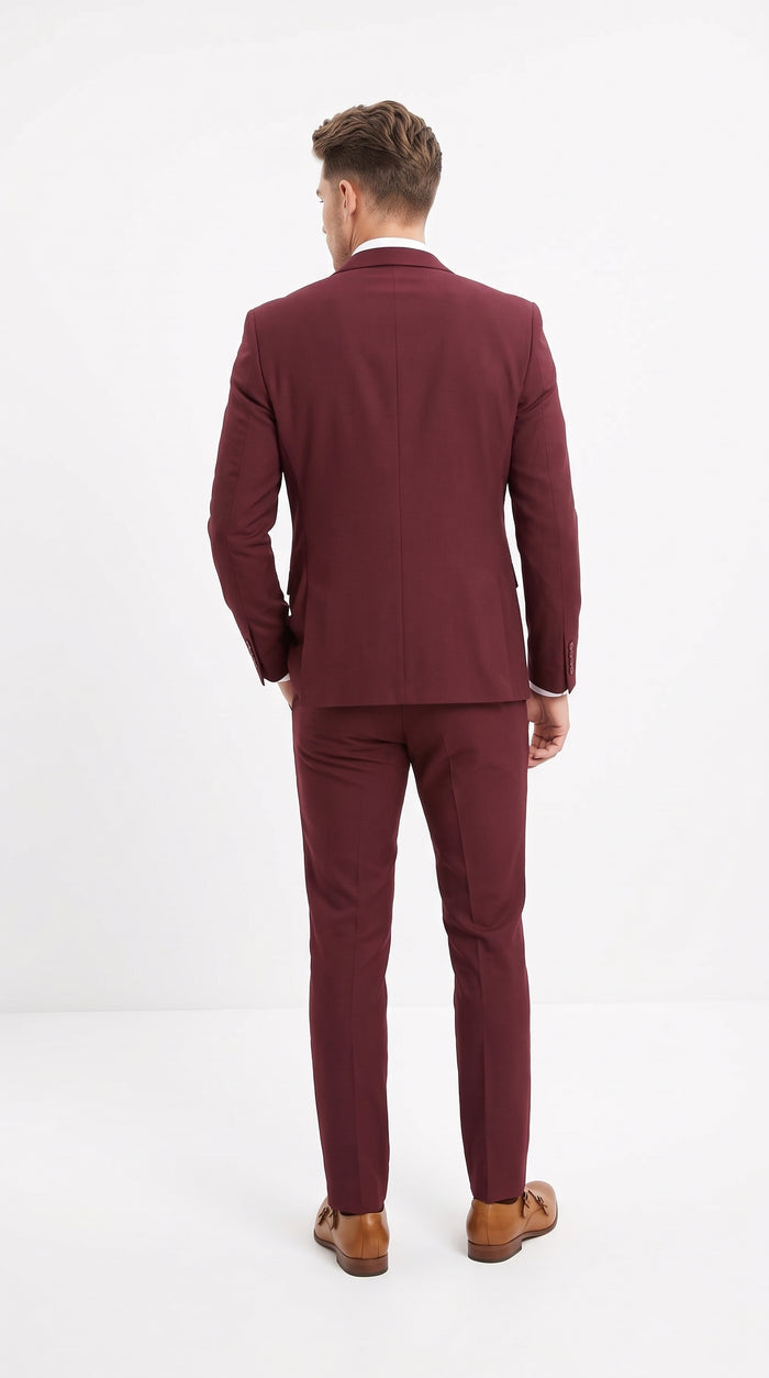 Mens 3-Piece Burgundy Slim Fit Suit with Vest – Wedding, Prom and Formal Wear