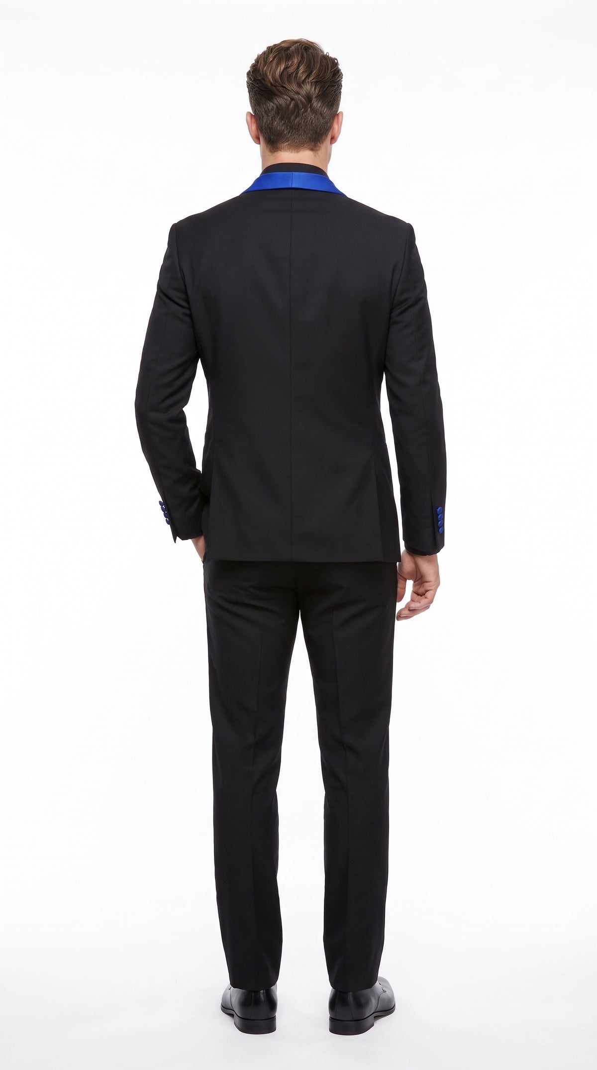 Men’s Black One-Button Suit with Royal Blue Shawl Lapel – Prom & Formal Suit