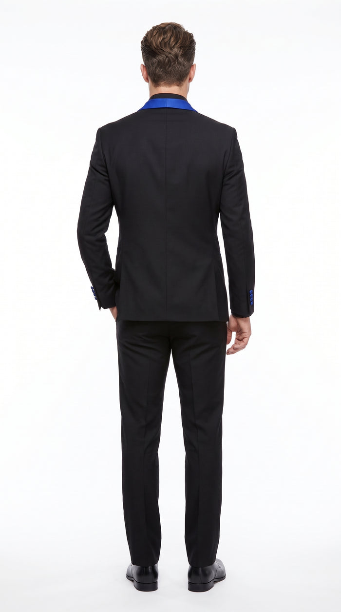 Men’s Black One-Button Suit with Royal Blue Shawl Lapel – Prom & Formal Suit