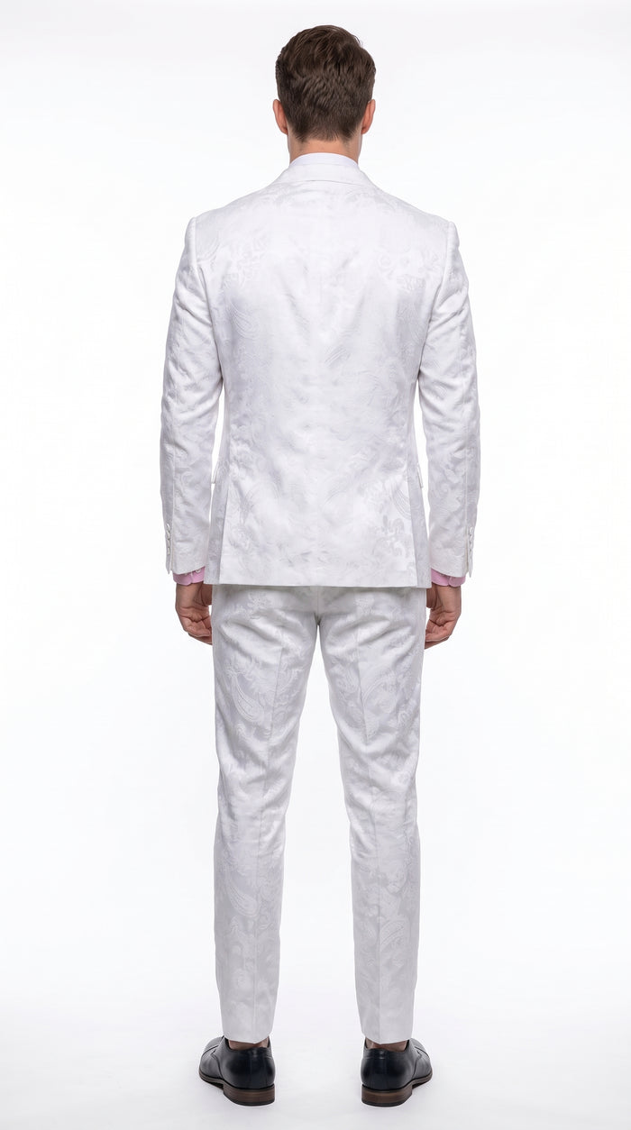 Men’s White Paisley Floral Suit – 2-Piece Wedding, Prom & Party Jacket and Pants