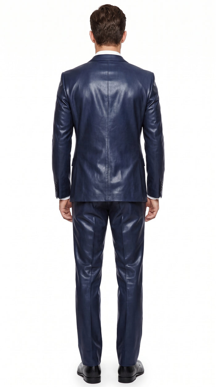 Men’s Dark Navy Blue Shiny Sharkskin Suit – 2-Button Side-Vent Formal Wedding & Prom Suit
