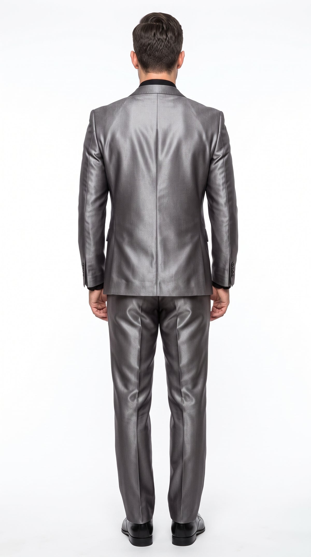 Men’s Shiny Sharkskin Charcoal Gray Suit, 2 Button Dark Grey Formal Suit with Flat Front Pants