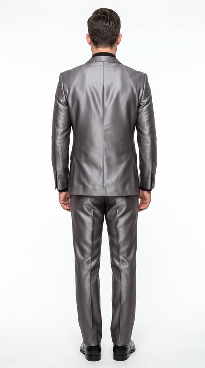 Men’s Shiny Sharkskin Charcoal Gray Suit, 2 Button Dark Grey Formal Suit with Flat Front Pants