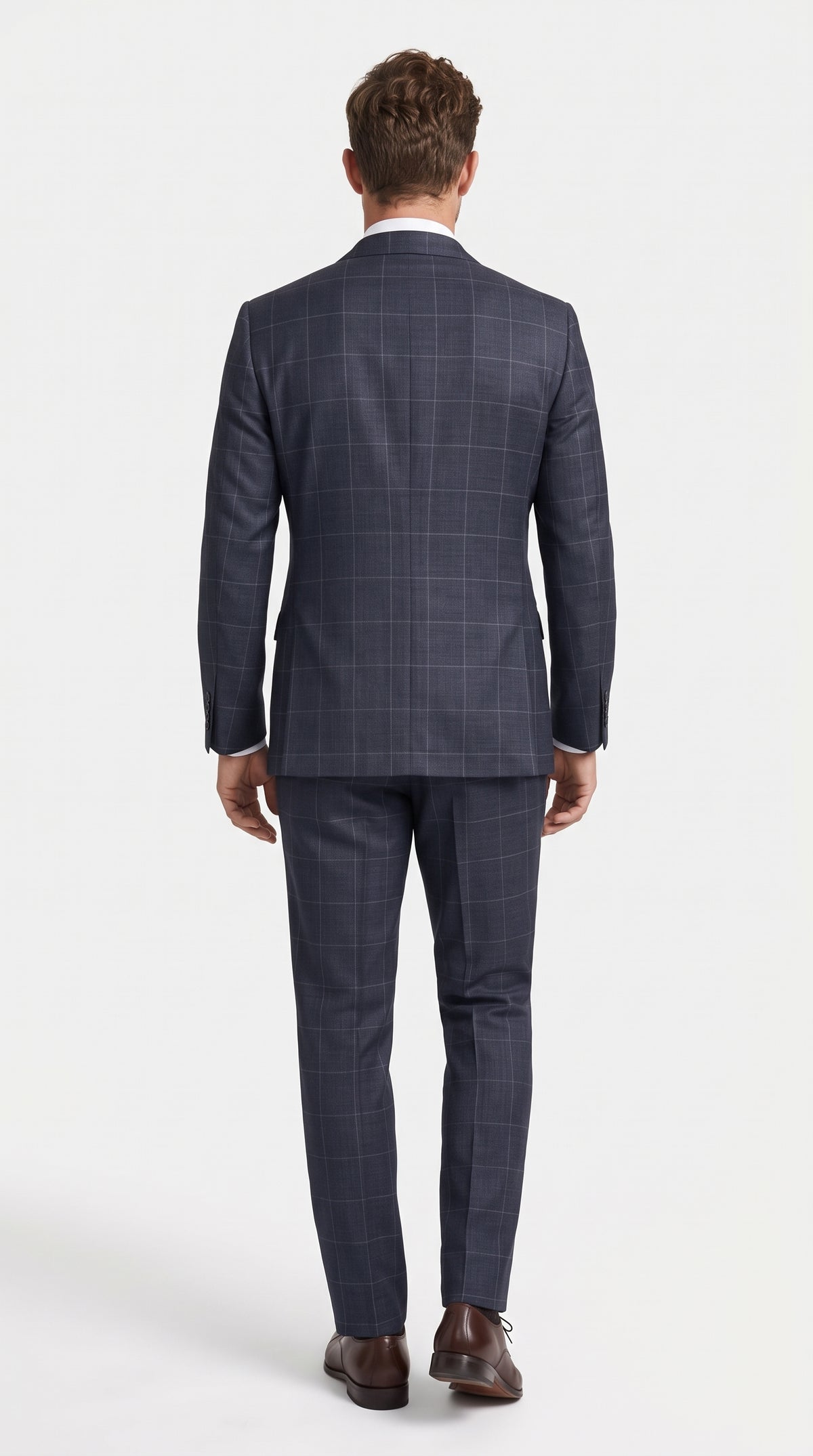 Statement Men’s Navy Windowpane 2 Piece Wool Suit, Modern Fit Super 200s Formal Business Suit