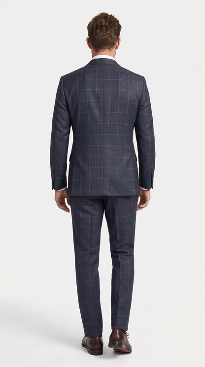 Statement Men’s Navy Windowpane 2 Piece Wool Suit, Modern Fit Super 200s Formal Business Suit