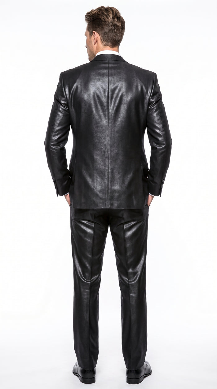 Men's Black Shiny Sharkskin 3-Piece Vested Suit – Flashy Satin Finish Formal Wedding, Prom & Party Suit