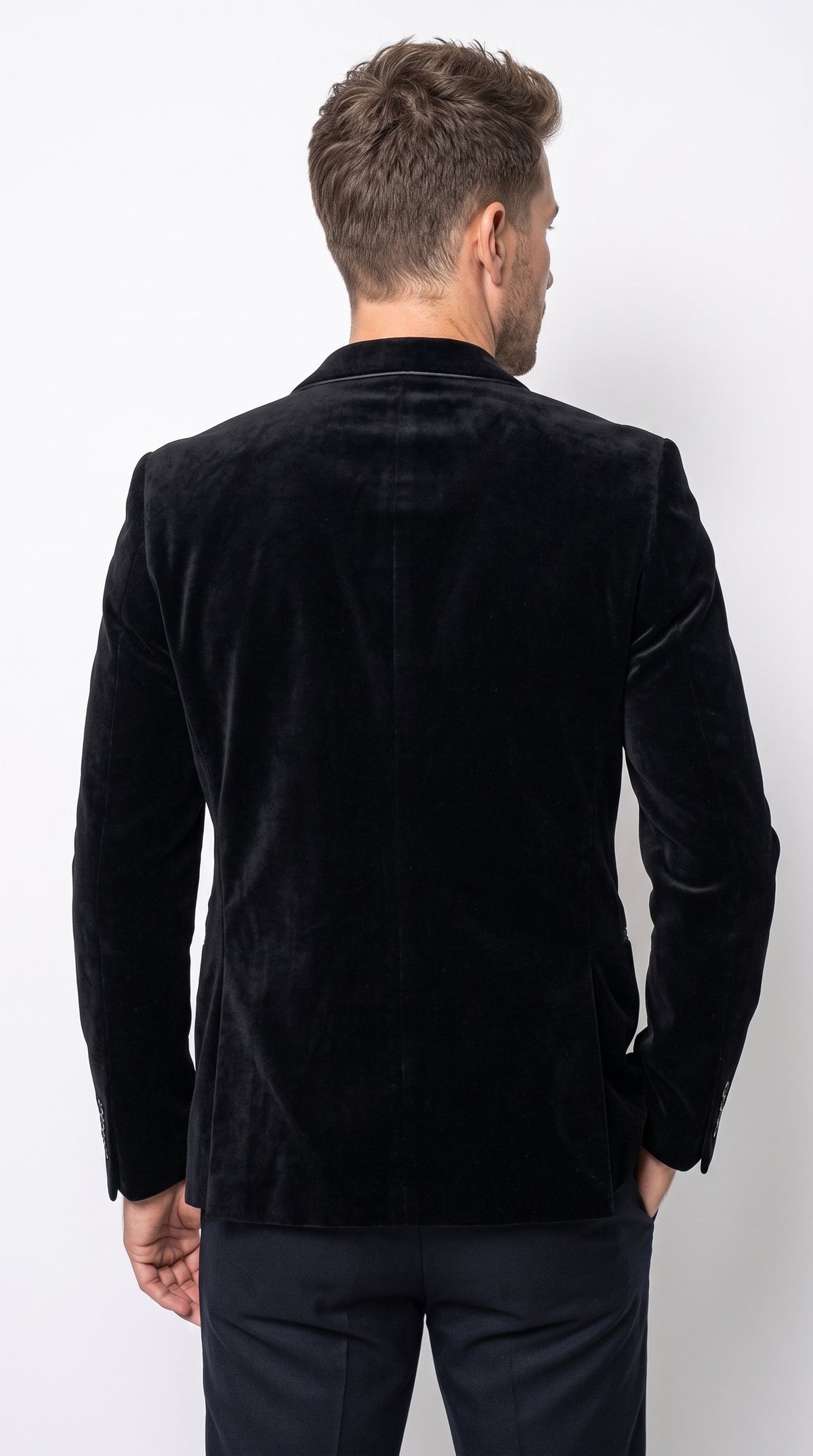 Men's Black Prom Party Blazer – Modern Fit 2-Button Velvet-Style Designer Dinner Jacket with Contrast Piping