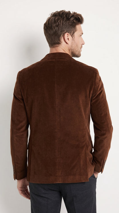 Men's Brown Velour Blazer Jacket – Classic Velvet-Look 2 Button Sport Coat for Weddings, Parties & Formal Events