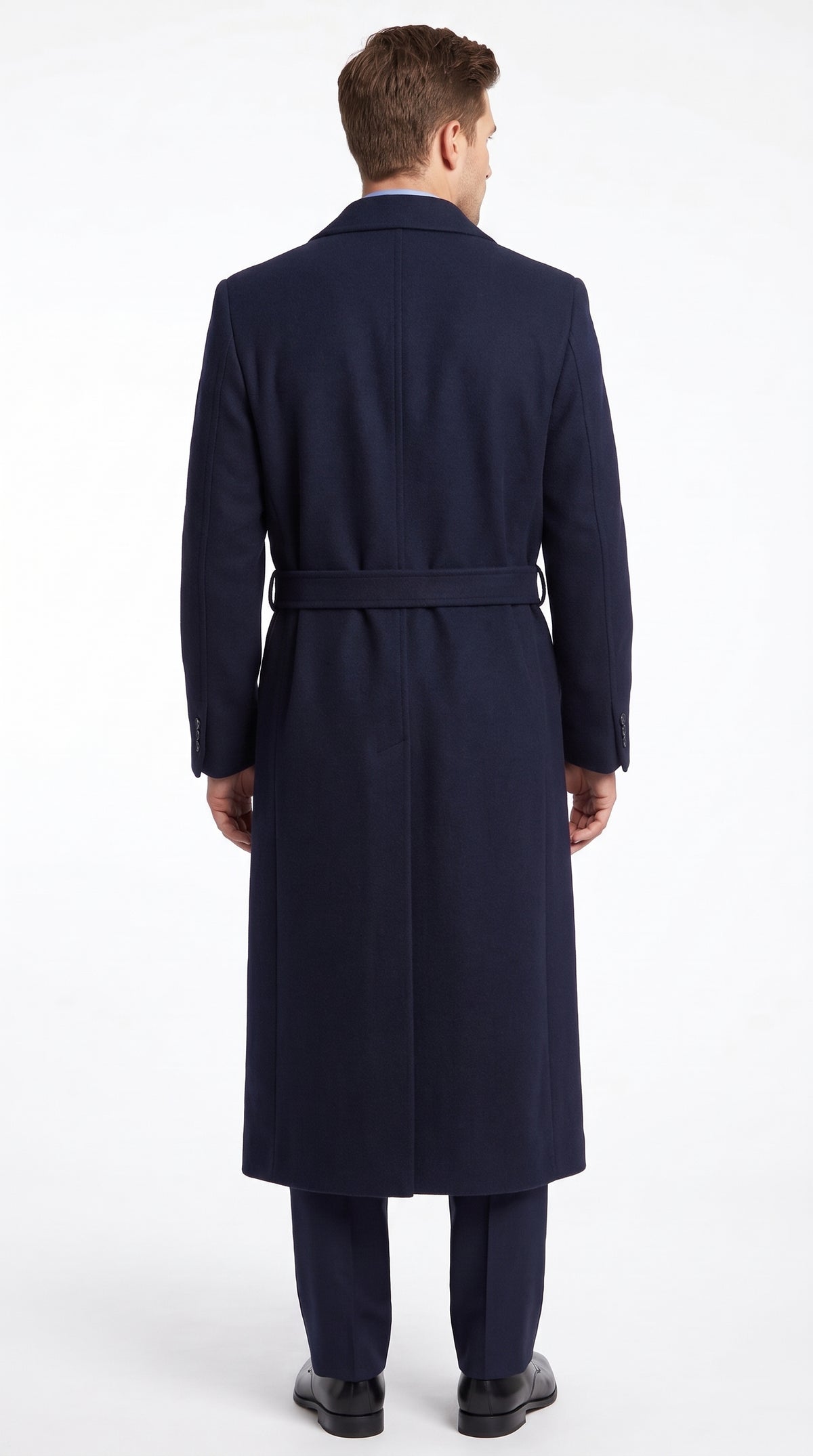 Men's Navy Blue Full Length Belted Overcoat – Classic Long Winter Dress Coat with Waist Belt