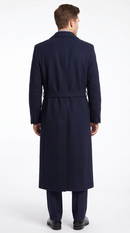 Men's Navy Blue Full Length Belted Overcoat – Classic Long Winter Dress Coat with Waist Belt