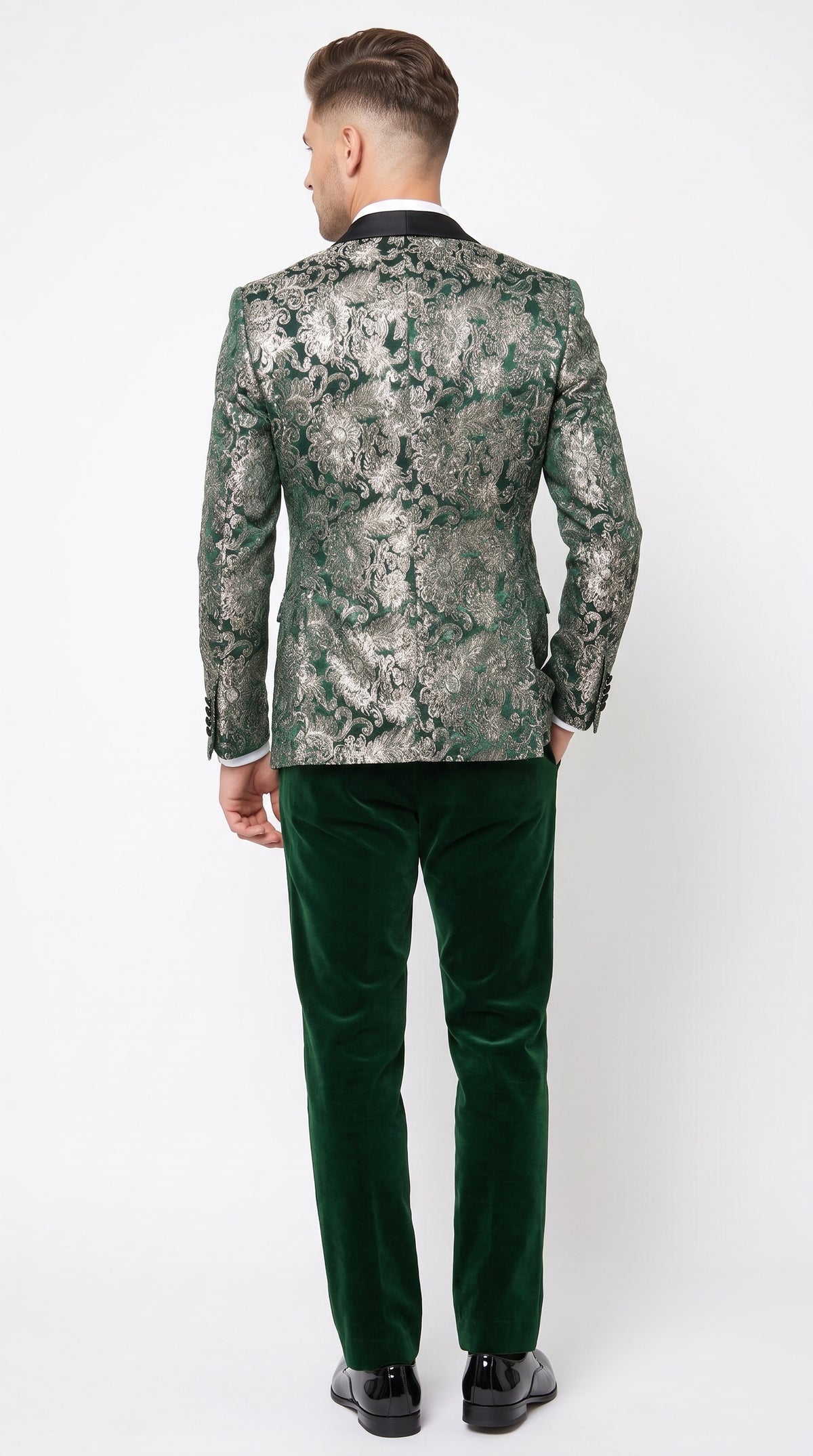 Men’s Emerald Green and Gold Floral Jacquard Tuxedo Suit, Black Satin Shawl Lapel Wedding Prom Formal Suit