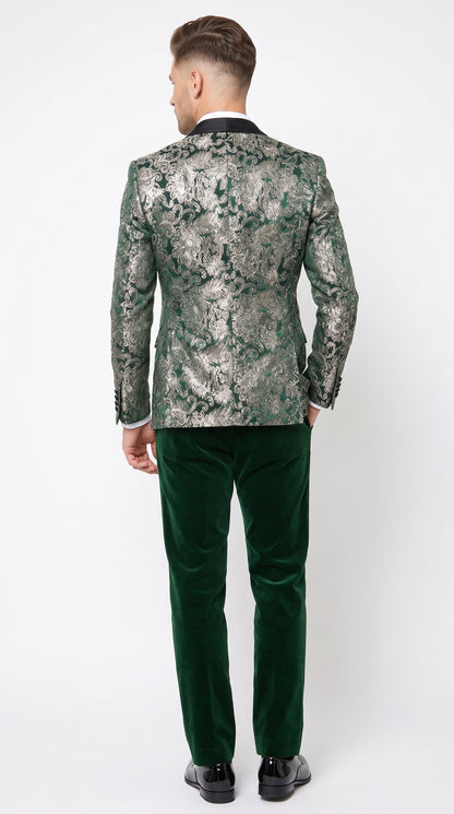 Men’s Emerald Green and Gold Floral Jacquard Tuxedo Suit, Black Satin Shawl Lapel Wedding Prom Formal Suit