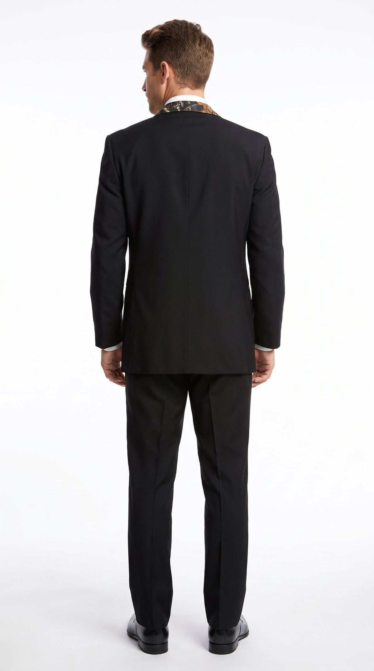 Men’s Black Camo Tuxedo Suit, Slim Fit 2 Button Wedding Prom Suit with Camouflage Vest and Lapels