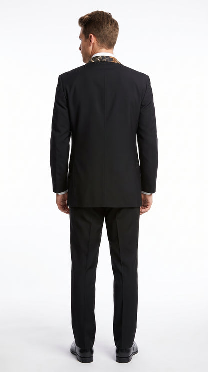 Men’s Black Camo Tuxedo Suit, Slim Fit 2 Button Wedding Prom Suit with Camouflage Vest and Lapels