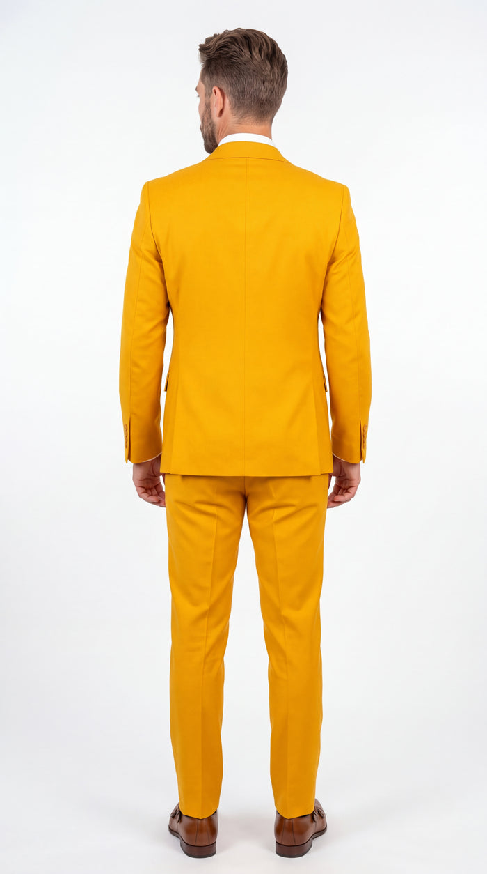 Rossi Man ELI RM103 – Men’s Bold Yellow Modern Fit 3-Piece Suit with Peak Lapel