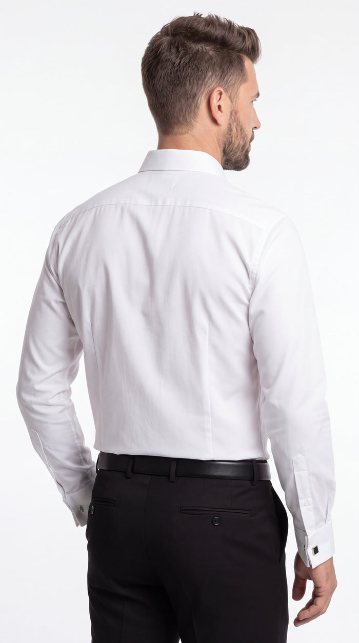 Men’s White Cotton Blend Dress Shirt – Convertible Cuffs Formal Long Sleeve Shirt