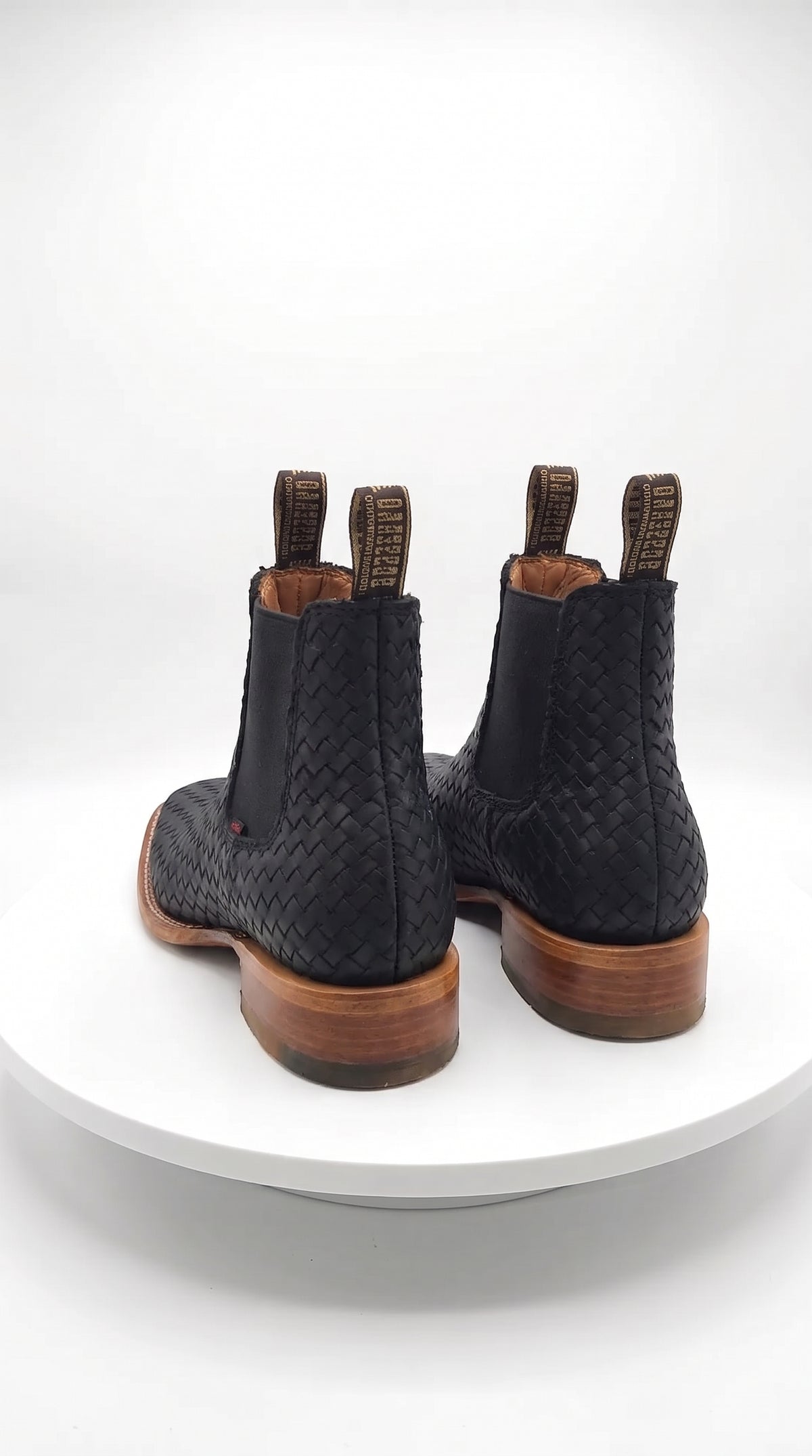 Besserro Men’s Black Petatillo Woven Leather Ankle Boots, Western Chelsea Style Square Toe Botines