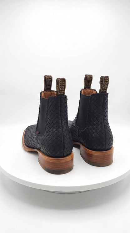 Besserro Men’s Black Petatillo Woven Leather Ankle Boots, Western Chelsea Style Square Toe Botines
