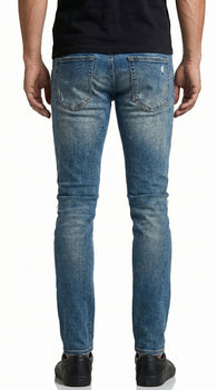 Men’s PX Indigo Denim Jeans with Quilted Red Patches, Distressed Slim Fit Fashion Jeans