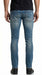 Men’s PX Indigo Denim Jeans with Quilted Red Patches, Distressed Slim Fit Fashion Jeans