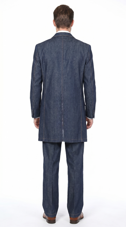 Men’s Blue Denim Zoot Suit with Long Jacket and Vest, Vintage Jeans Style Formal Outfit