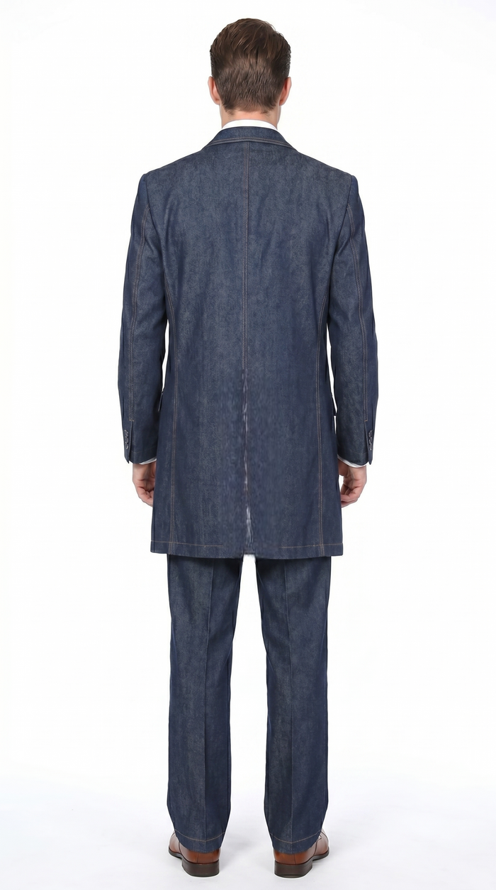 Men’s Blue Denim Zoot Suit with Long Jacket and Vest, Vintage Jeans Style Formal Outfit