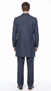 Men’s Blue Denim Zoot Suit with Long Jacket and Vest, Vintage Jeans Style Formal Outfit