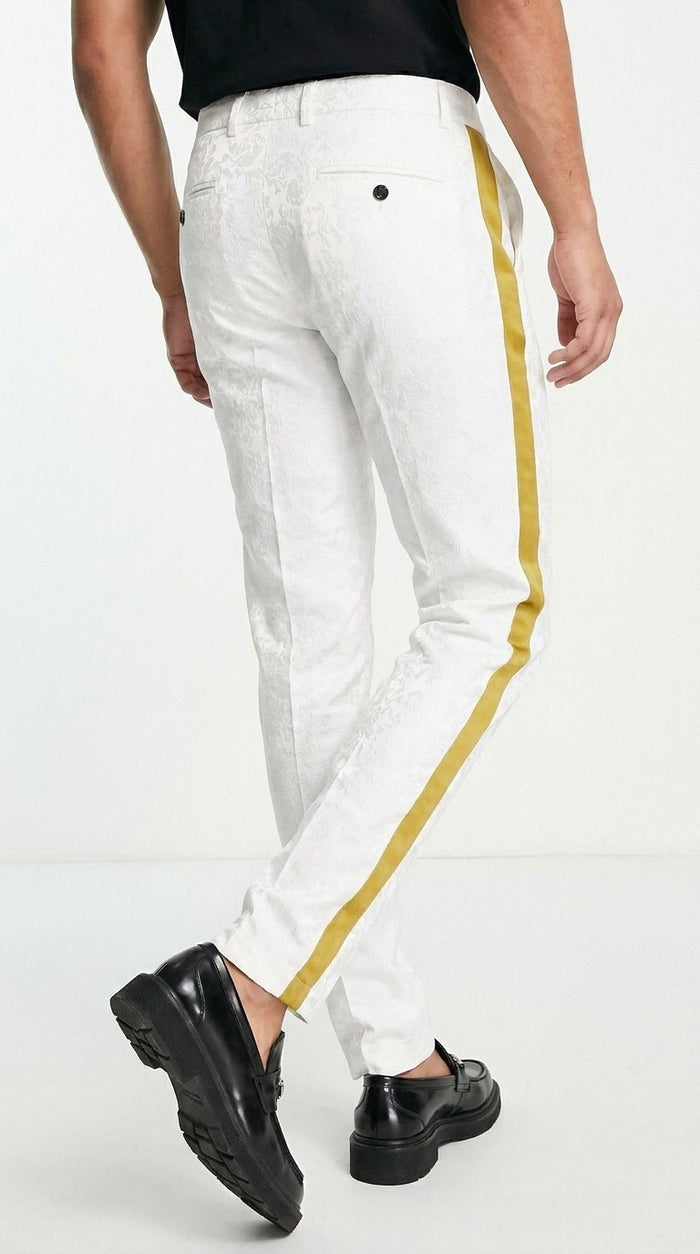 Men’s White Tuxedo Pants with Gold Sateen Side Stripe – Formal Dress Pants for Wedding and Prom