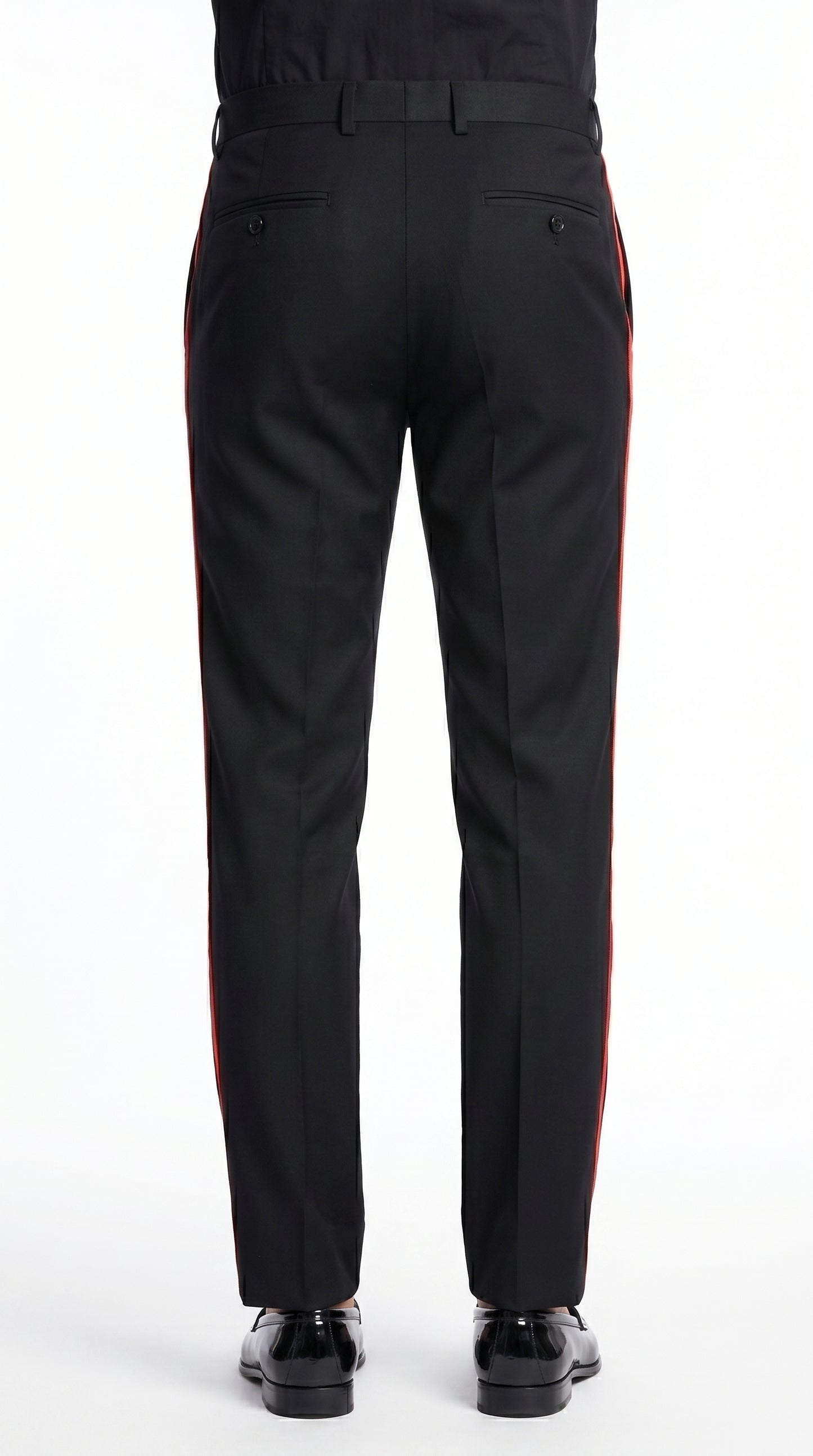 Men’s Black Tuxedo Pants with Red Satin Side Stripe, Classic Formal Slacks Unhemmed Bottom