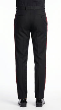 Men’s Black Tuxedo Pants with Red Satin Side Stripe, Classic Formal Slacks Unhemmed Bottom